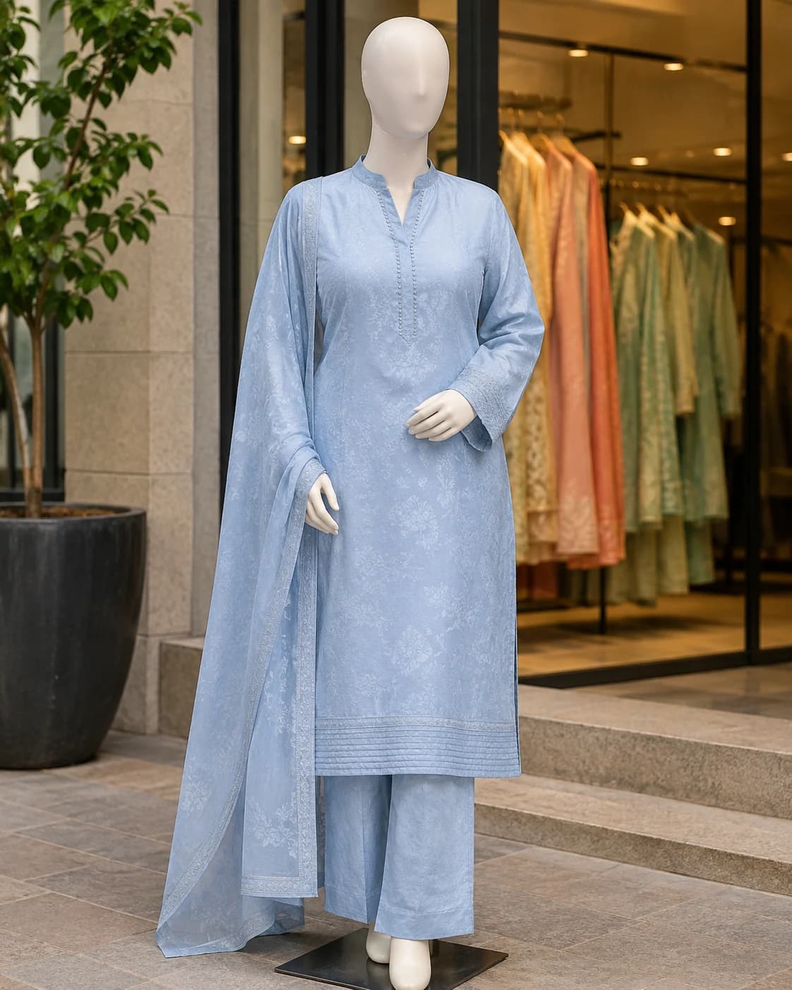 Aabroo Powder Blue Jacquard 2-Piece Suit