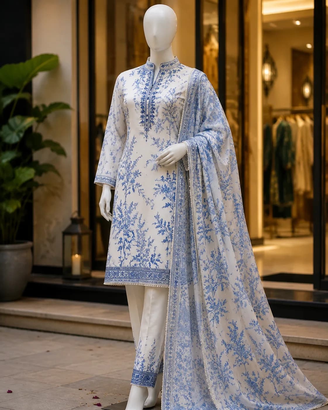Aleena Ivory Blue Printed 3-Piece Lawn Suit