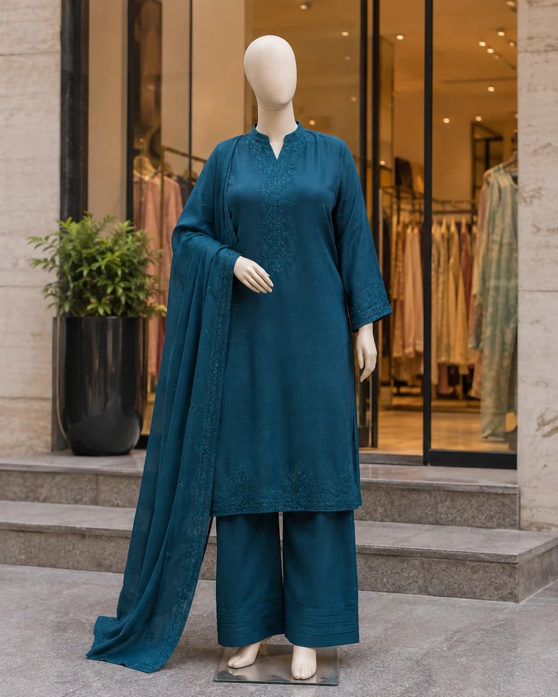 Amara Teal Embroidered Linen 2-Piece Suit