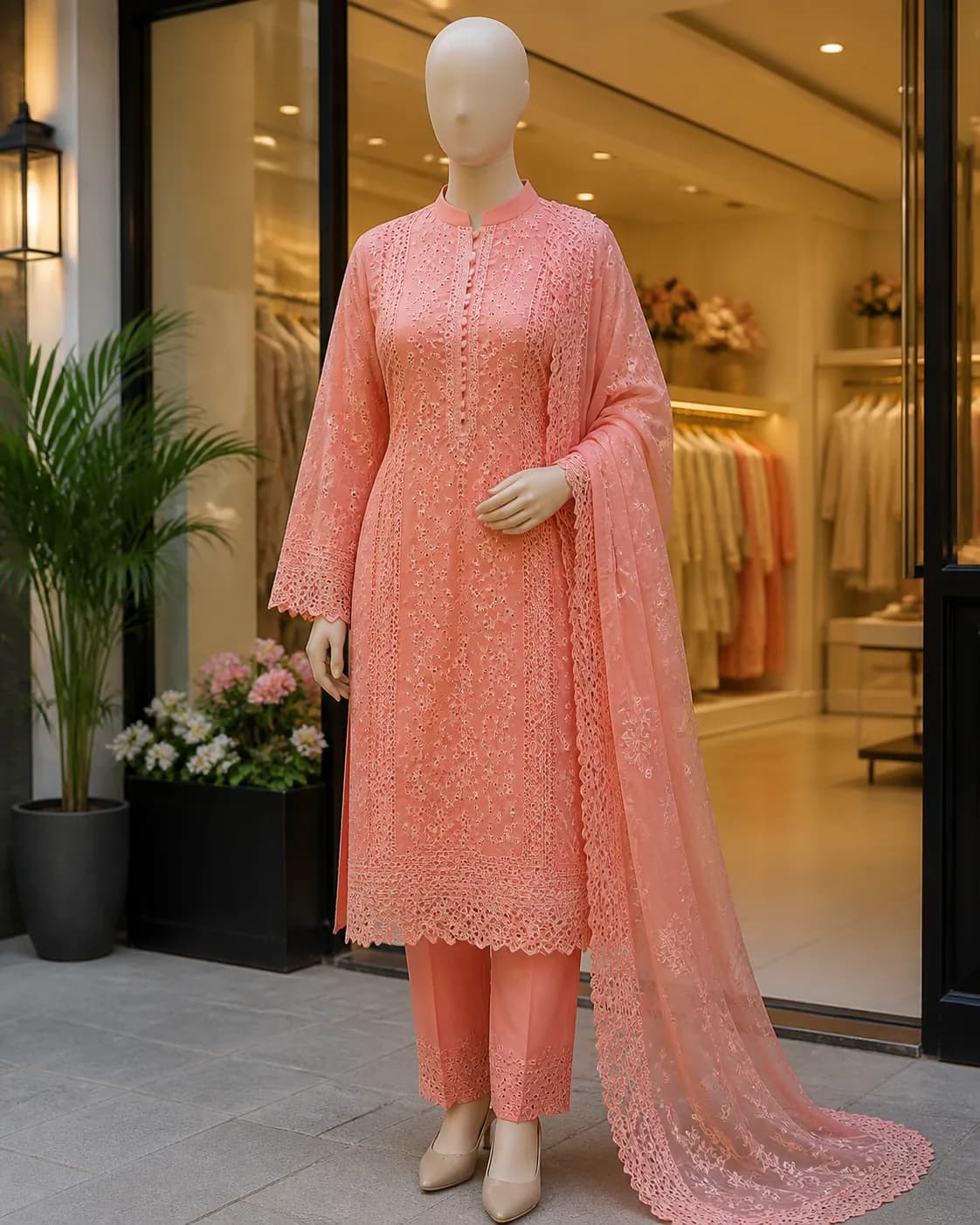 Areeba Coral Schiffli 2-Piece Lawn Suit