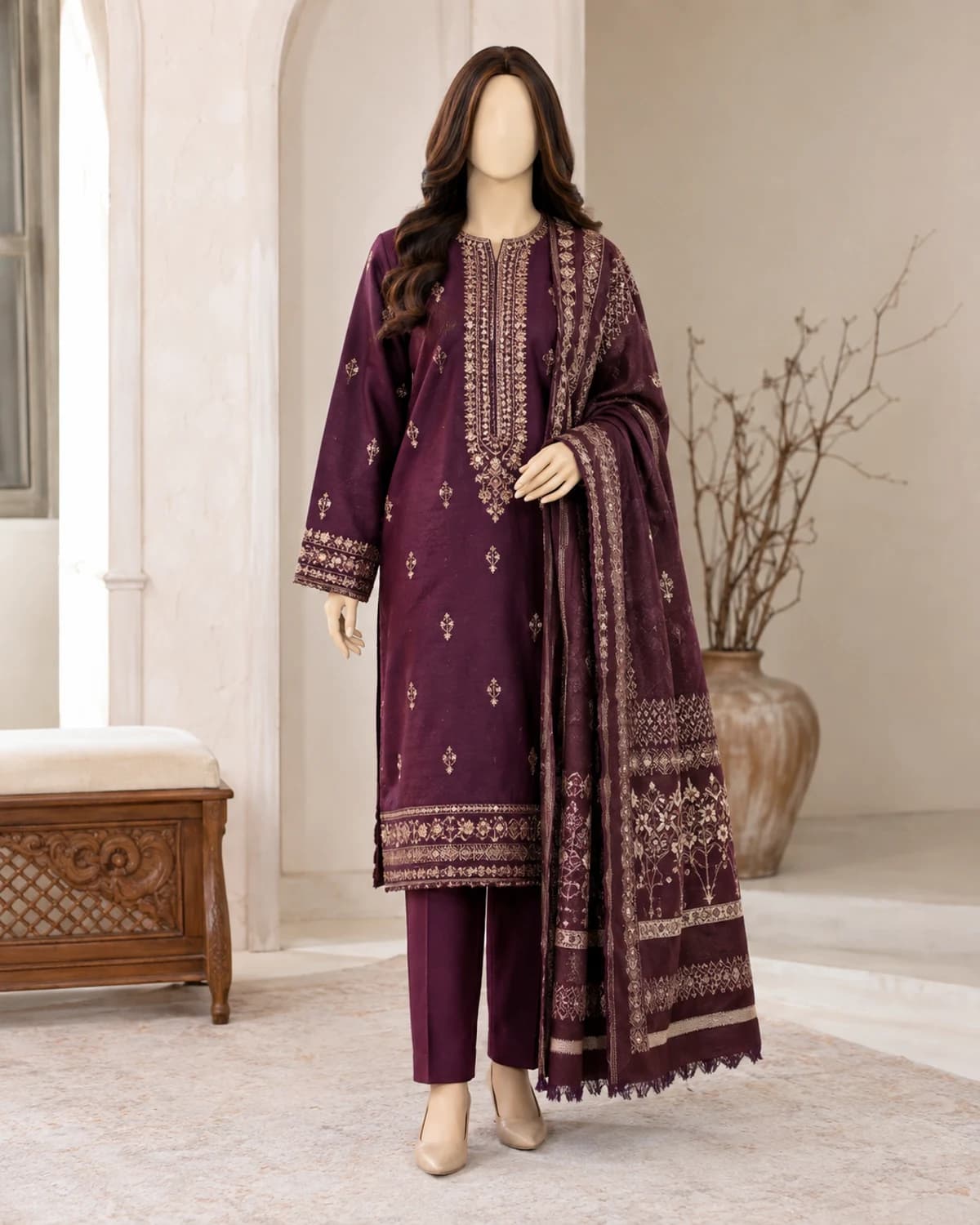 Emaan Plum Embroidered Khaddar Suit