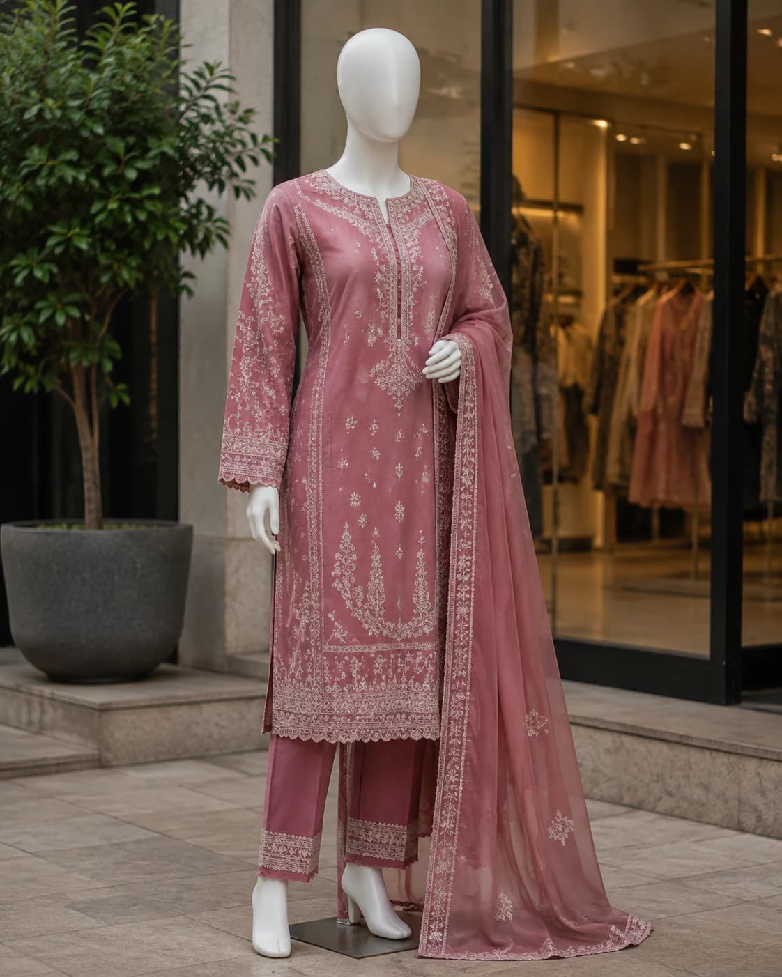 Gulnaar Dusty Rose Embroidered 3-Piece Suit
