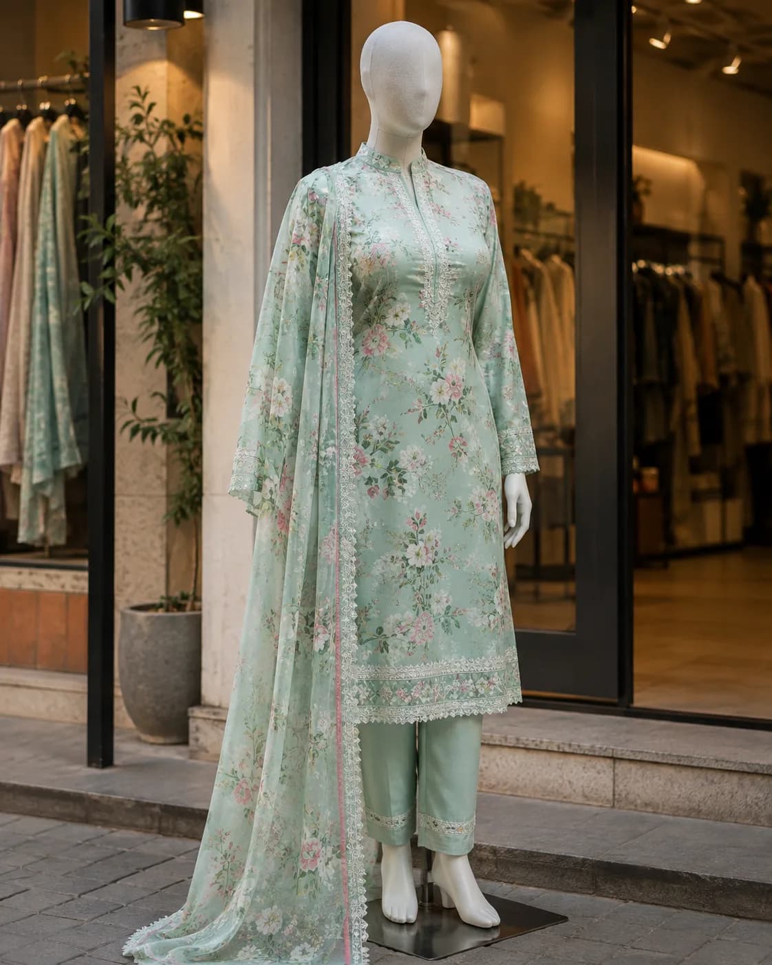 Haniya Mint Floral 3-Piece Lawn Suit