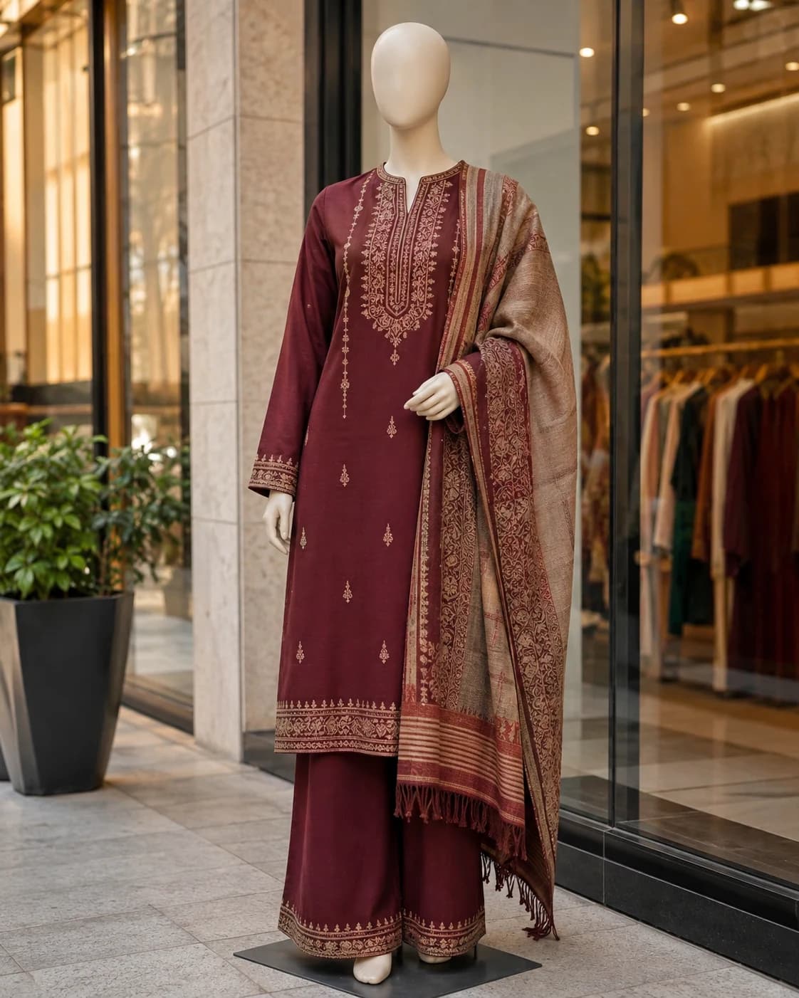 Heer Maroon Embroidered 3-Piece Khaddar Suit