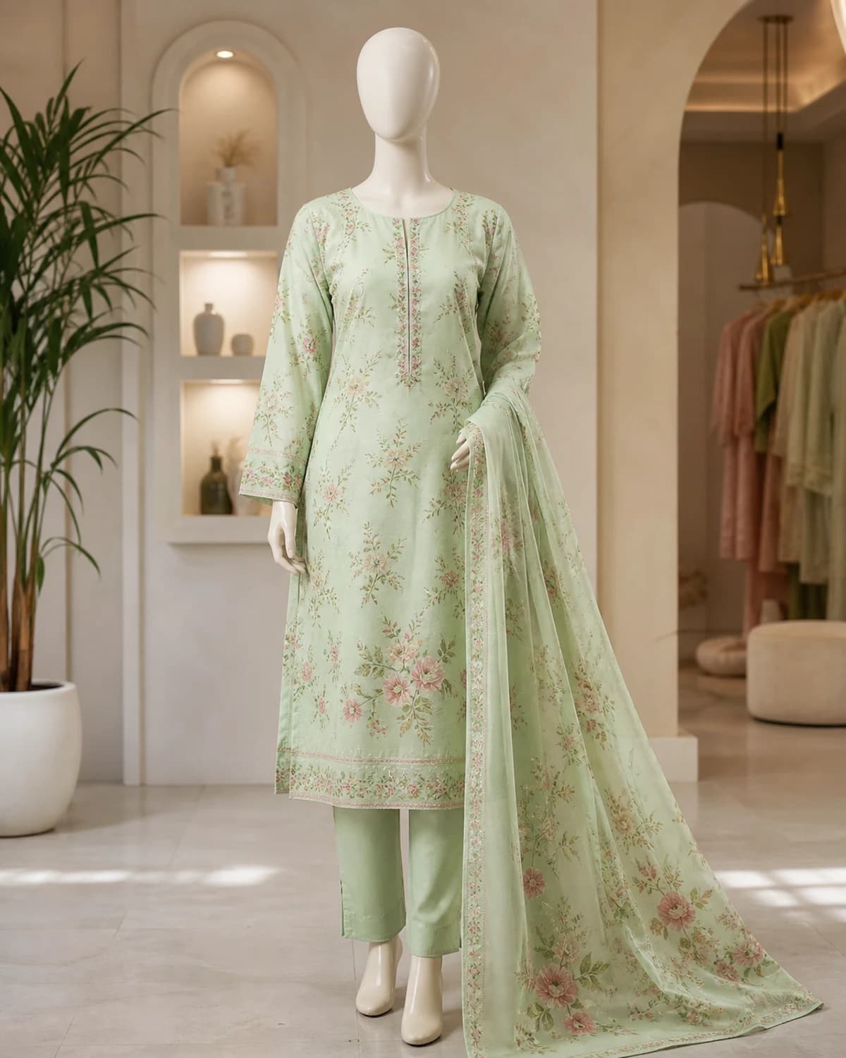 Hiba Pistachio Floral Cotton Suit