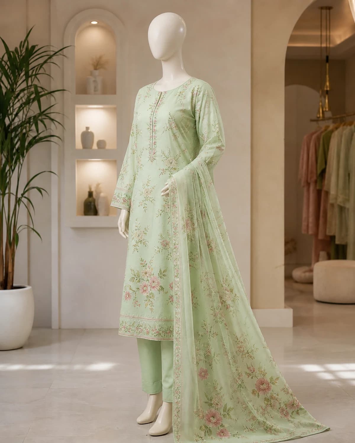 Hiba Pistachio Floral Cotton Suit