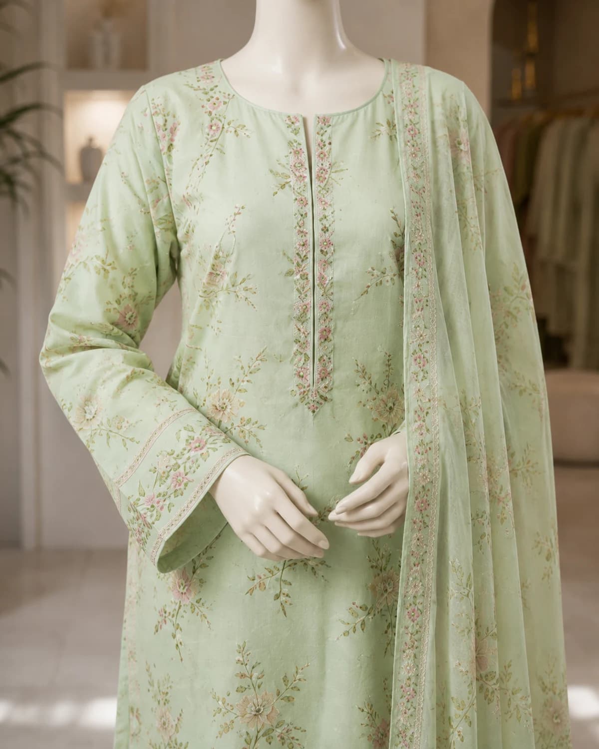 Hiba Pistachio Floral Cotton Suit