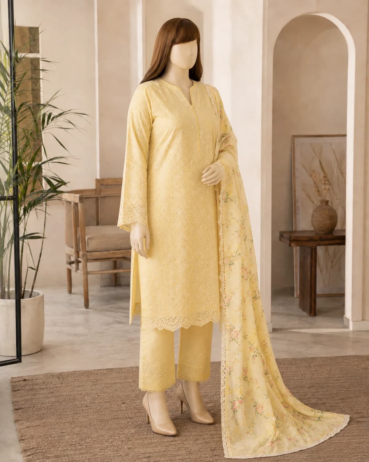 Laiba Butter Yellow Schiffli Suit