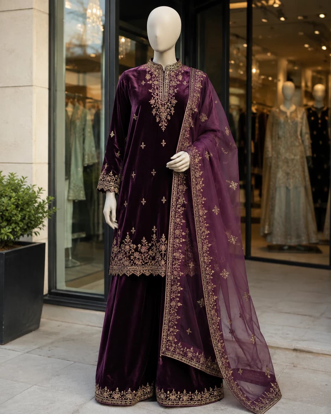 Mahnoor Plum Velvet Embroidered 3-Piece Suit