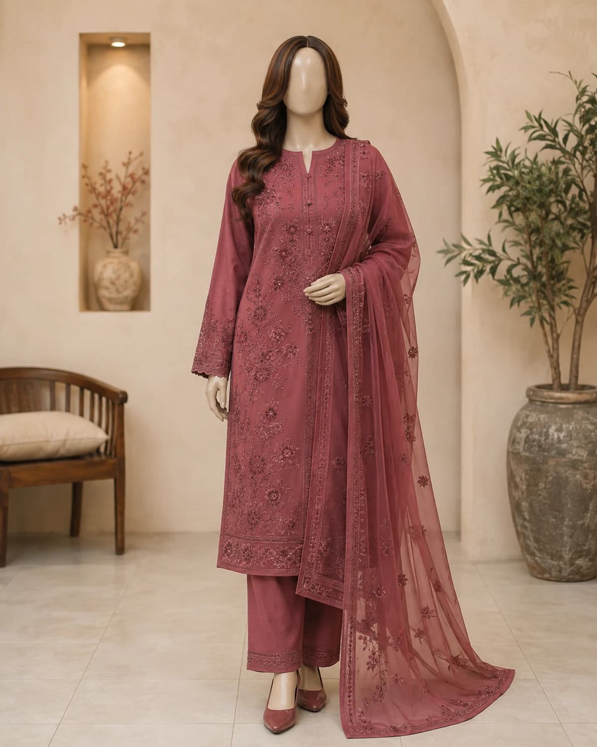 Mahnoor Rosewood Embroidered Lawn Suit