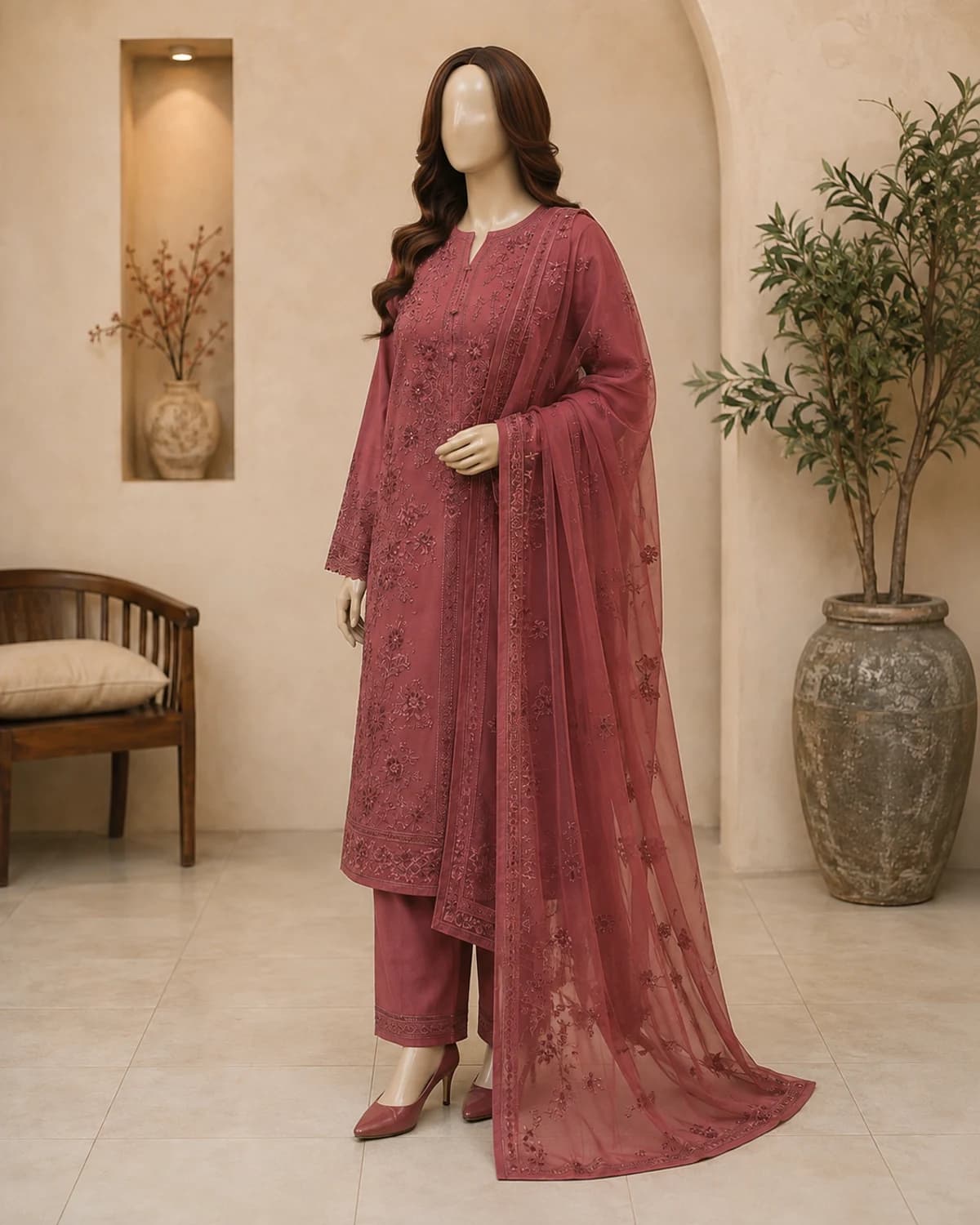 Mahnoor Rosewood Embroidered Lawn Suit