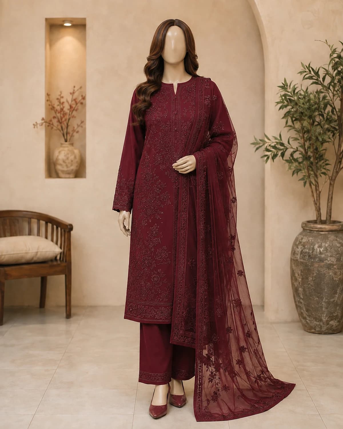 Mahnoor Rosewood Embroidered Lawn Suit