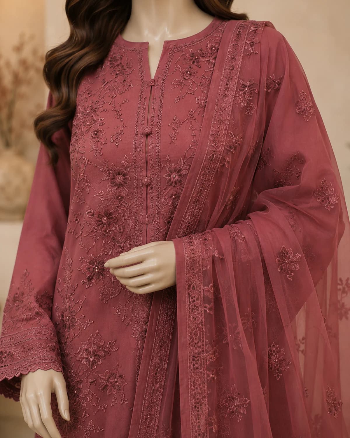 Mahnoor Rosewood Embroidered Lawn Suit