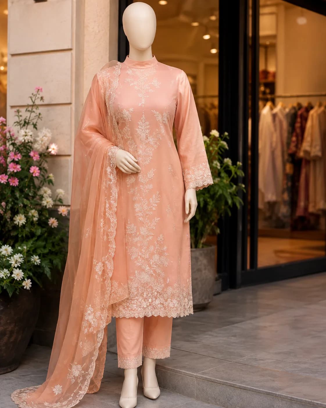 Maira Peach Embroidered 3-Piece Cotton Suit