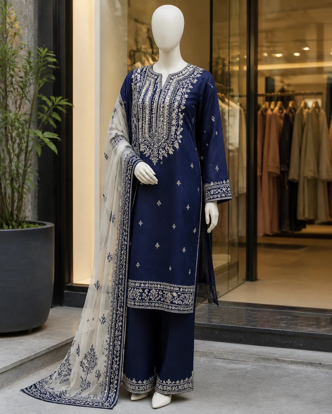 Noor Navy Floral 3-Piece Lawn Suit