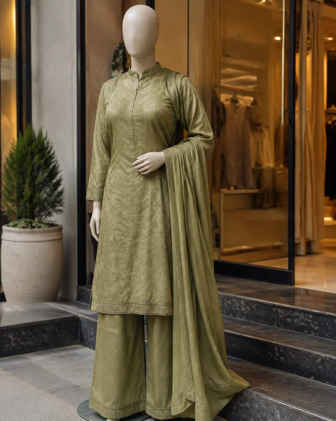 Rida Olive Self-Jacquard 2-Piece Suit