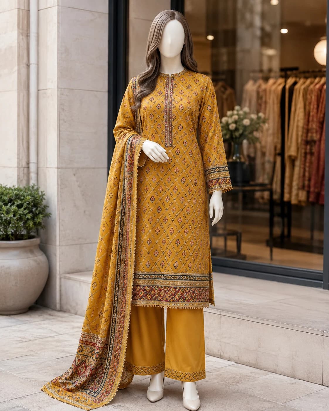 Saffron Mustard Block-Print 2-Piece Cotton Suit