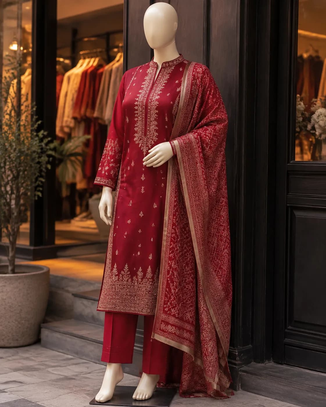 Sana Crimson Embroidered 3-Piece Khaddar Suit