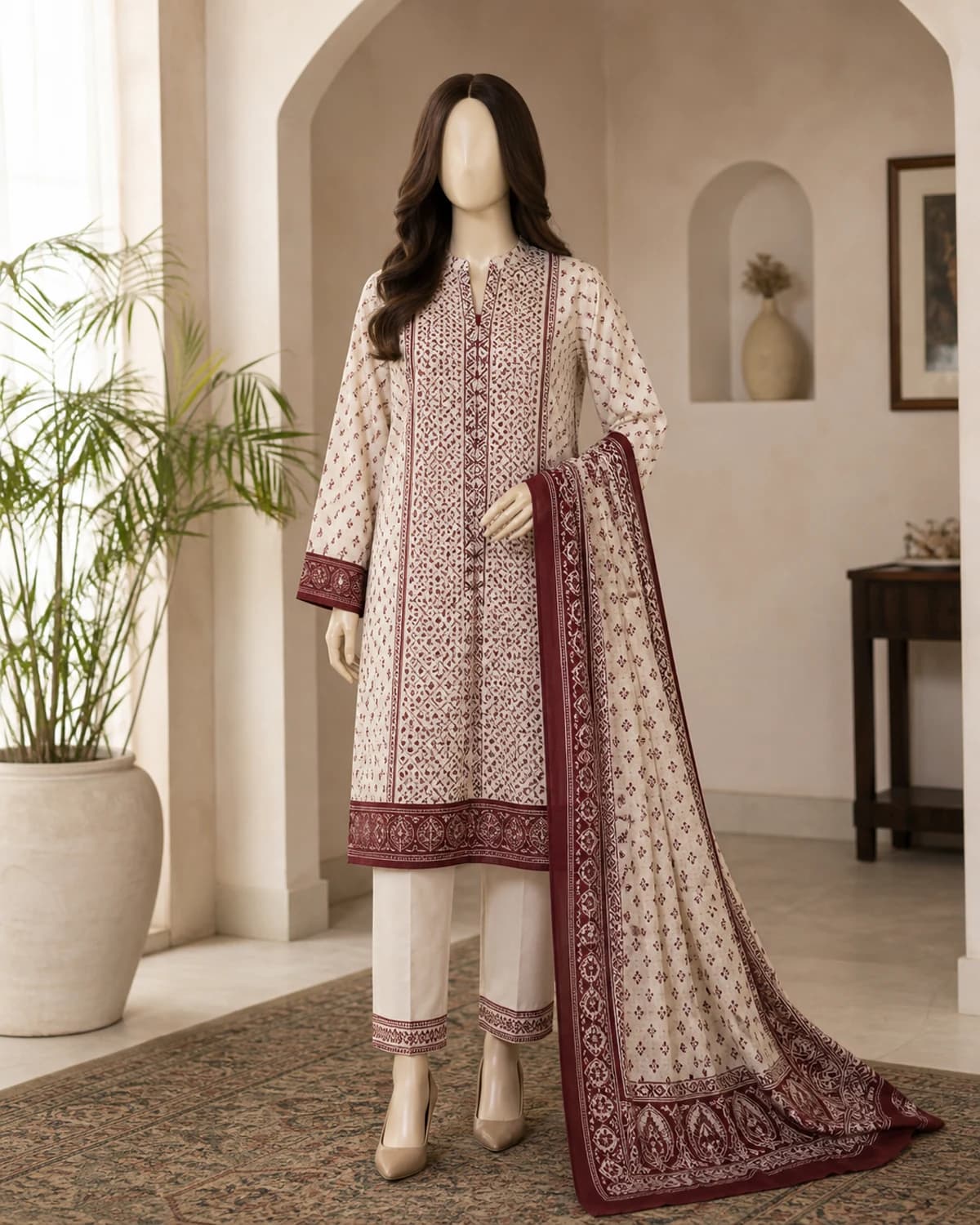 Sehr Ivory Maroon Ajrak Suit