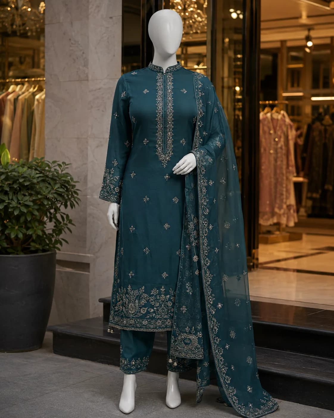 Zimal Teal Embroidered 3-Piece Organza Suit
