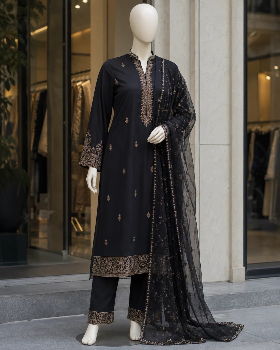 Zoya Black and Gold Festive 3-Piece Suit